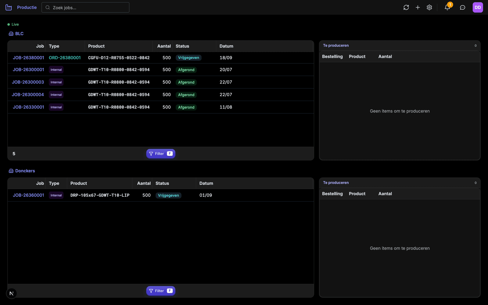 Donckers ERP — Production jobs, per company, in real time