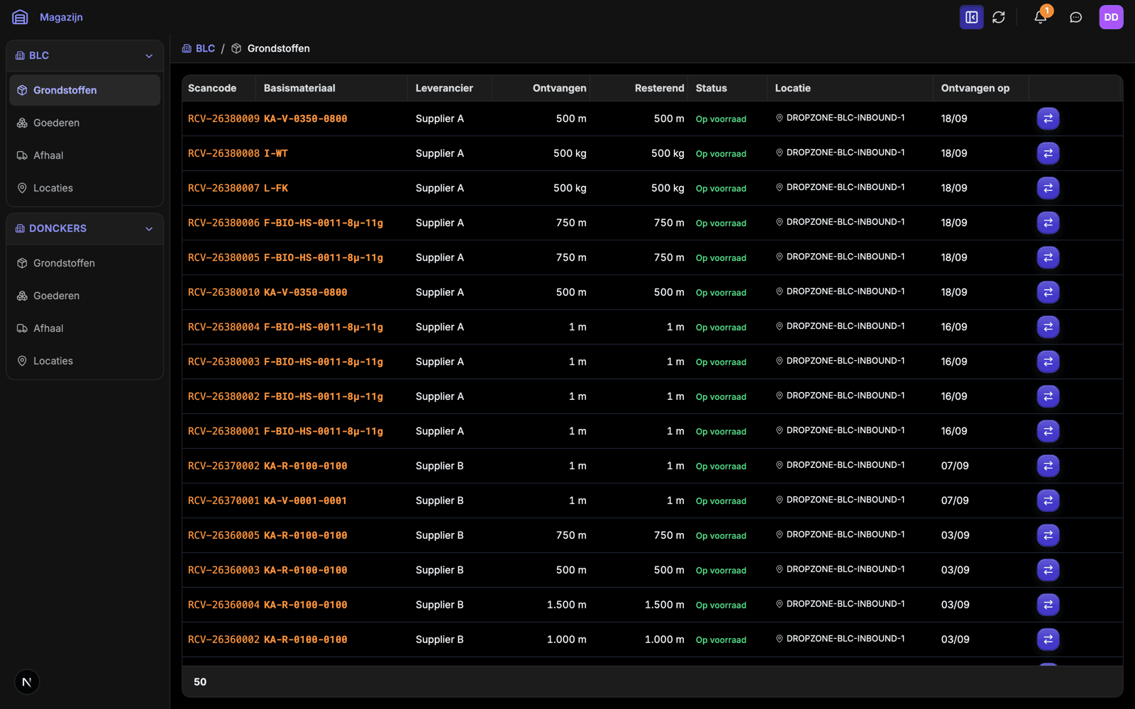 Donckers ERP — Traceability from receipt to dispatch